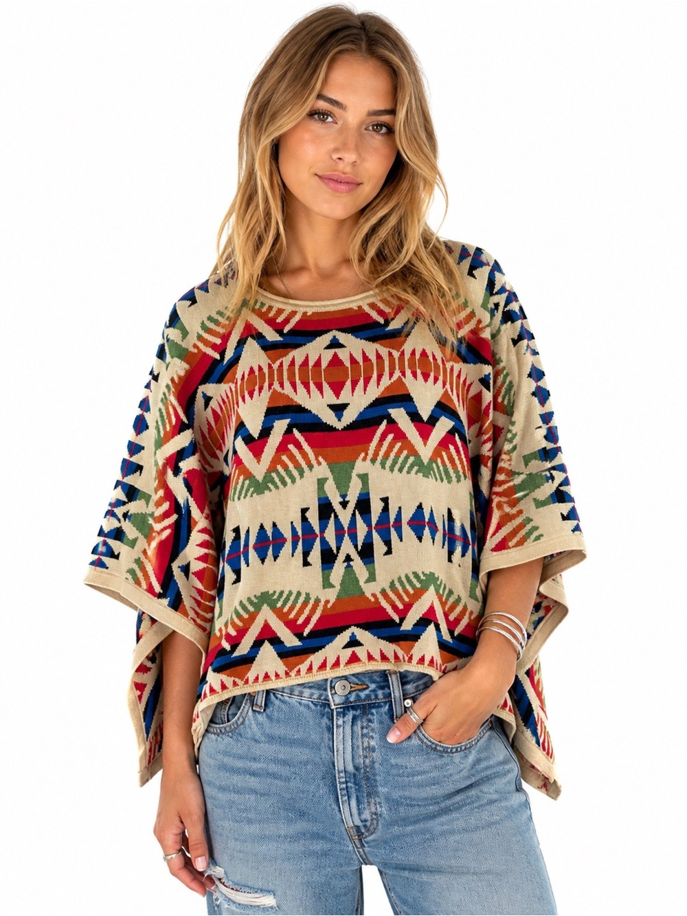 SoHo Chic Southwestern
Aztec Poncho Sweater | Boho
Tribal Cape Top Size S